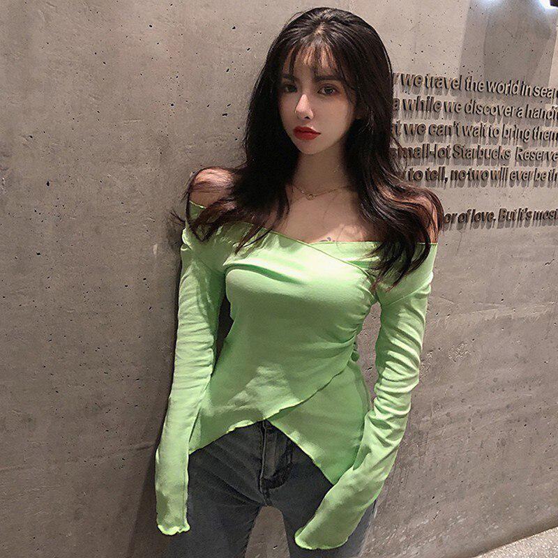 Korean Style Long Sleeve Solid Color T Shirts Women Sexy V-neck Split Womens Fashion Casual Top Tee Shirt