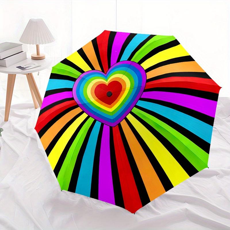 1pc portable Rainbow Heart Pattern Portable Folding Umbrella with Durable Iron Frame 8 Ribs Suitable for All Seasons Home Trav