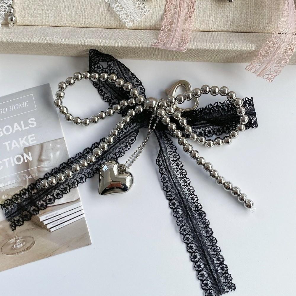 Punk Lace Bowknot Keychain Imitation Pearls Key Chain Ornament Exquisite Pearls Keychain  Daily Use