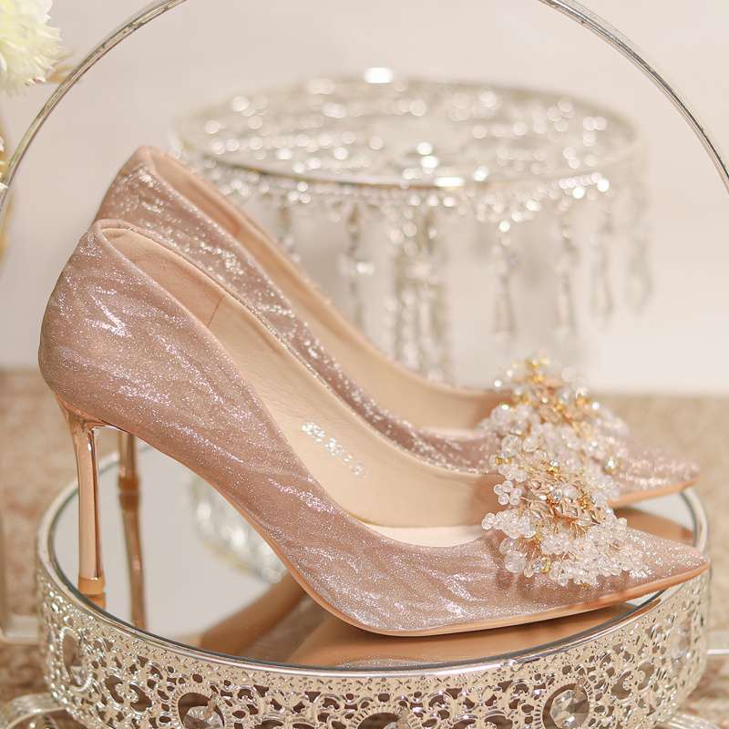 

Champagne wedding shoes main wedding dress show two wear toast crystal shoes bride shoes gold engagement stiletto high heels women 40