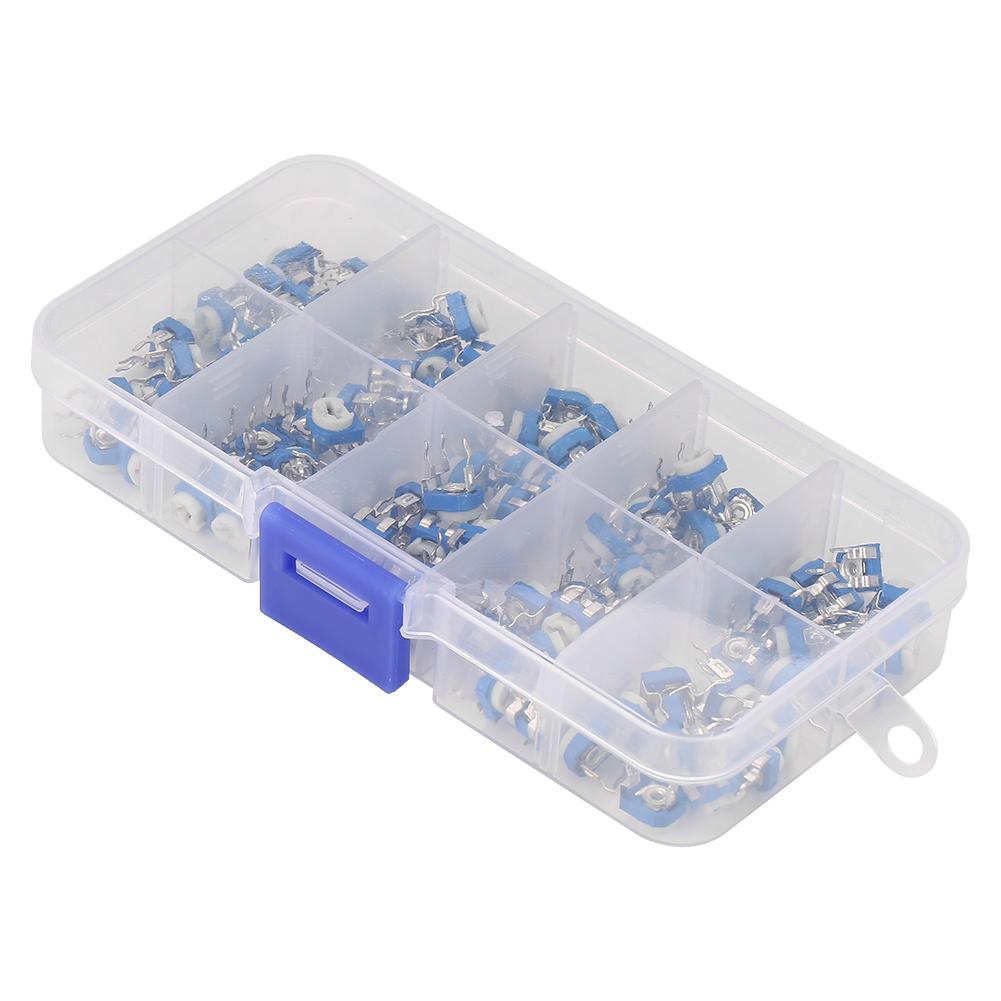 100Pcs 10 Values Blue White Variable Resistor Trimmer Pot Electronic Component with Box RM065
