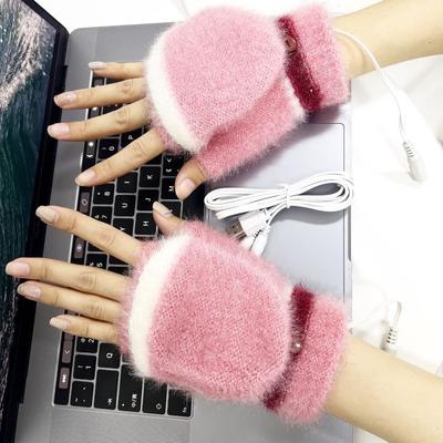 Children's Type USB Half-finger Flip-up Electric Heating Gloves Student Type Thickened Mink Texture Warm Computer Gloves
