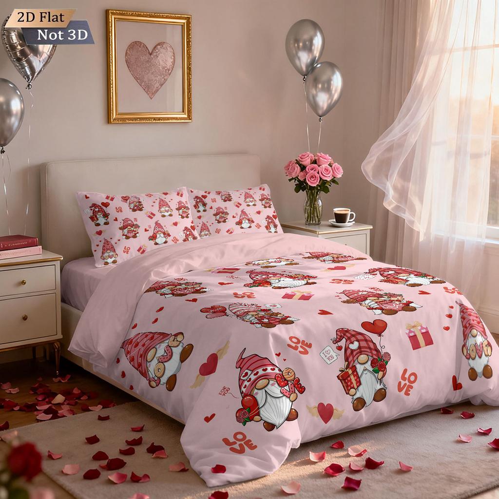 3-teiliges Valentinstag Romantische Liebe Goblin-Druck Daunendeckenbezug-Set Mehrere Größen Schlafzimmer Bettwäsche Dekoration Maschinenwaschbar