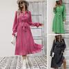 Fall Spring Women Dress Turn-down Collar V Neck Long Sleeves A-line Big Swing Half Single-breasted Lace-up Waist Pleated Floral Print Midi Dress