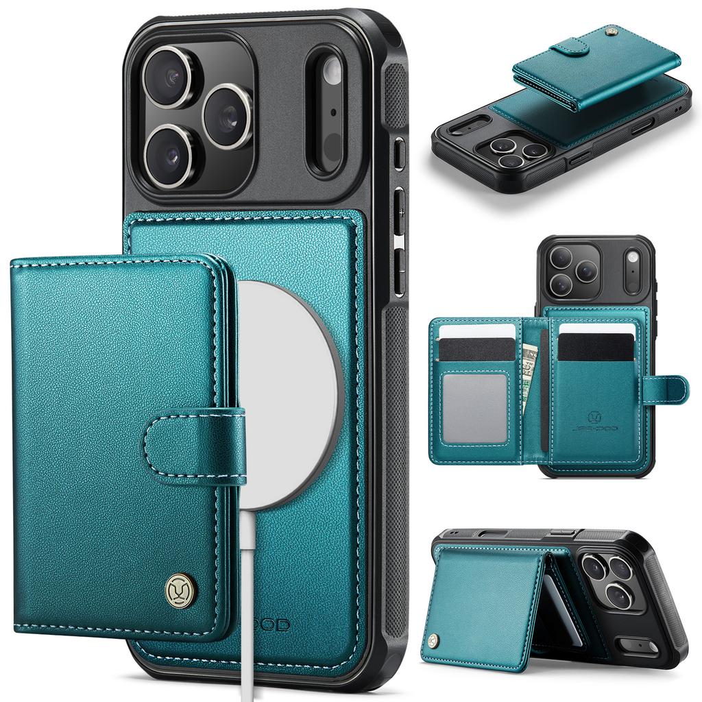 For iPhone 17 Pro Case JEEHOOD J09 RFID Blocking Card Holder Leather Back Phone Cover Compatible with MagSafe