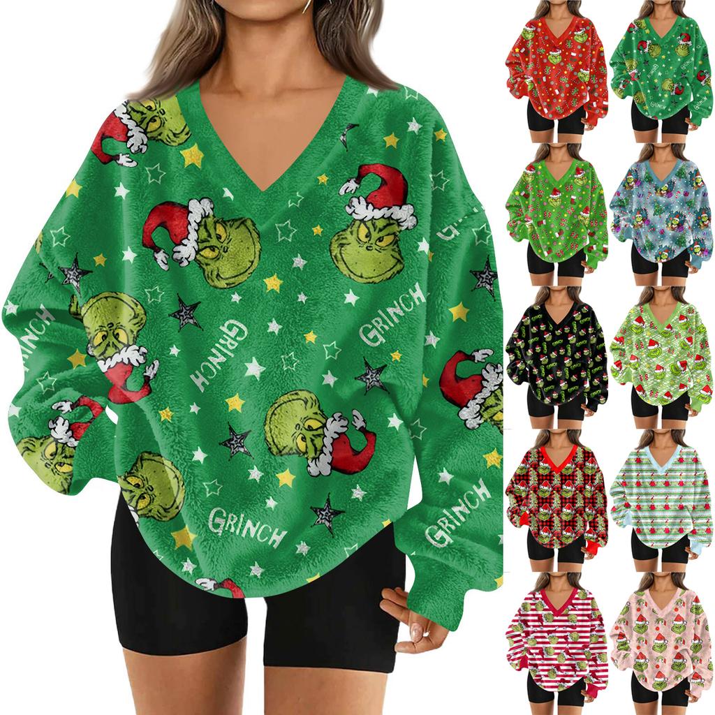Women's Fashionable V-neck Christmas Printed Long Sleeved Casual Pullover Plush Warm Pocket Sweatshirt Top