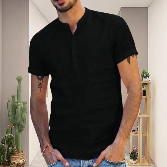 Camicia Estiva da Uomo Tinta Unita Collo Alto Bottoni Maniche Corte Sottile Abbigliamento Quotidiano Vestibilità Slim Scollo a V Top Estivo da Uomo Indumento da Uomo