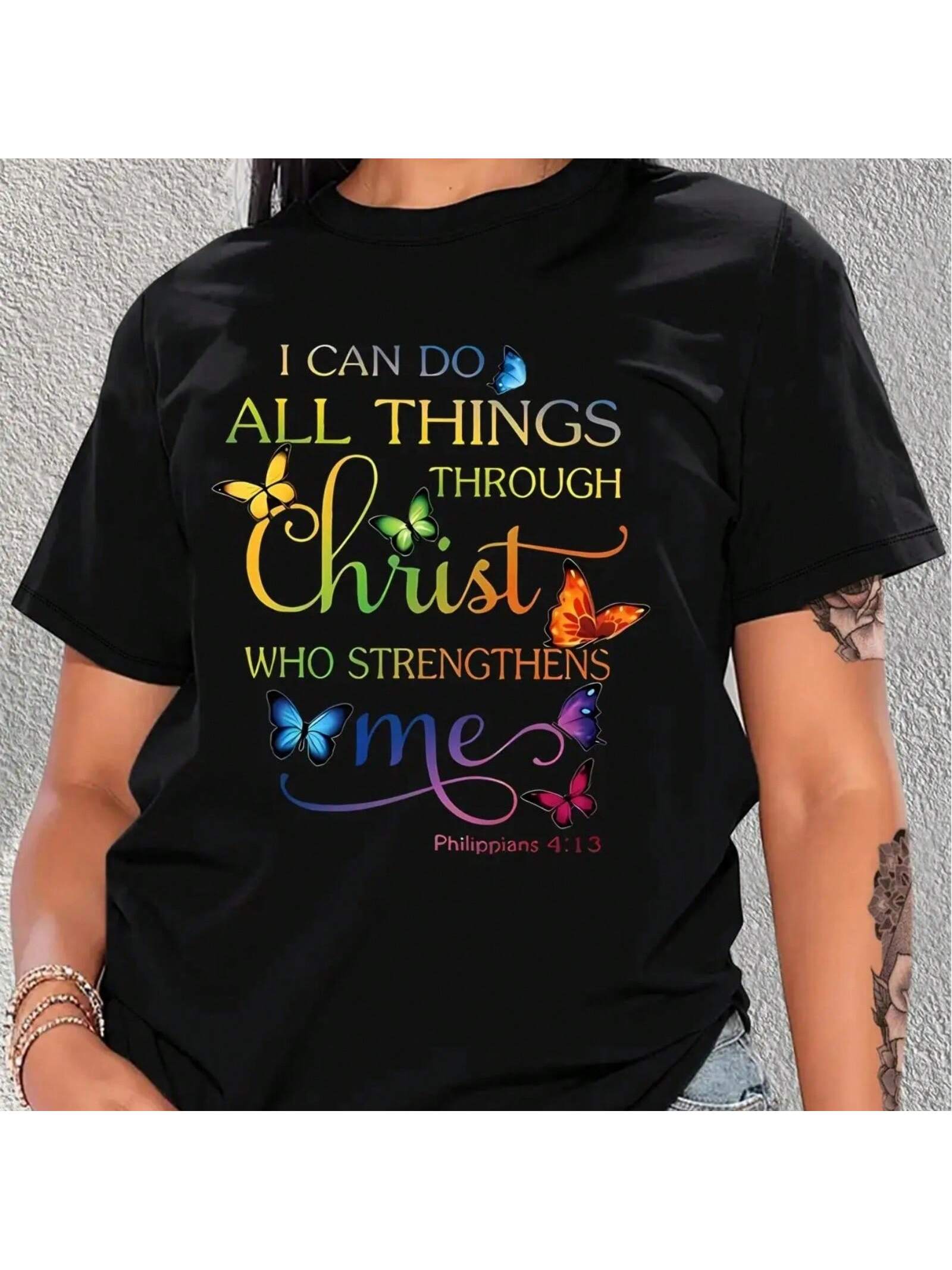 s Fashion Short Sleeve T-Shirt, With Colorful Gradient Butterfly & Inspirational Quote Print, Casual Round Neck Top S разноцветный