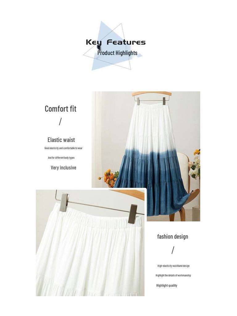 French Style Tie-Dye Cotton Blue Long Skirt - Women's Age-Reducing Summer Slimming Skirt