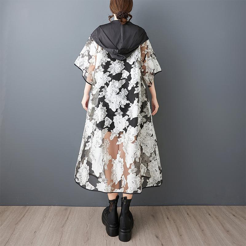 Short Sleeve Plus Size Mesh Vintage Floral Hooded Casual Loose Long Summer Trench Coat for Women Outerwear
