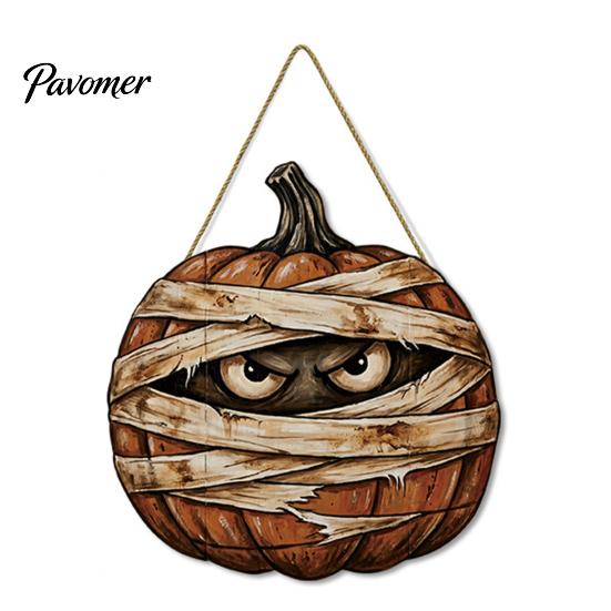 Unique Masked Ghost Decor Halloween Mummy Pumpkin Hanging Sign, Retro Wooden Pendant with Indoor Festival Props Hemp Rope for Front Door Wall Entrance