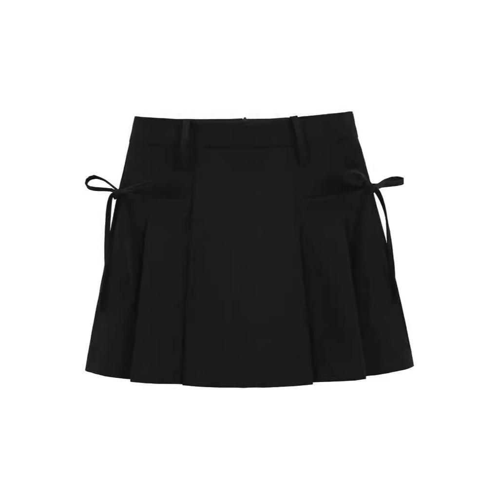 Grey Pleated Skirt for Women Summer Academic-inspired High-waisted Slimming A-line Skirt with Design-driven Tie-bow Detail and Tailored Short Skirt