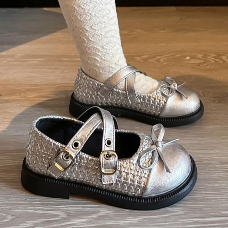 Kids Fashion Leather Shoes Spring Children Mary Jane Bean Shoes Girls Bow Princess Flat Shoes