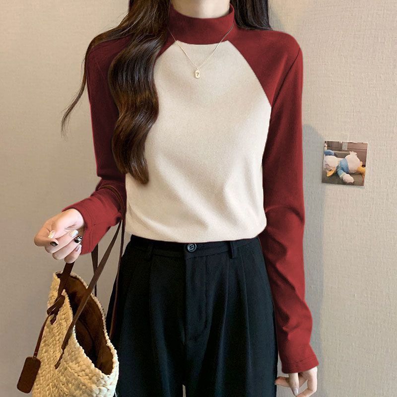 Autumn Winter New T-Shirts Women Tees Mock Nerk Contrast Color Patchwork Fashion Casual Youth Long Sleeve Warm Bottoming Tops
