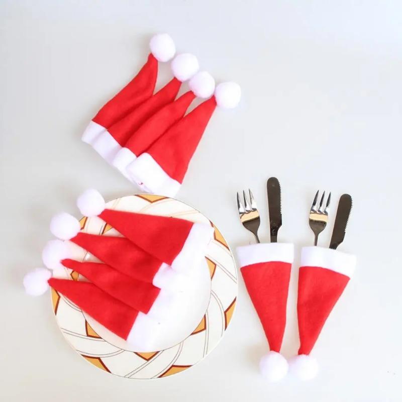 5/10pcs Christmas Decoration Supplies Christmas Hats Tableware Pockets Knife Fork Holder