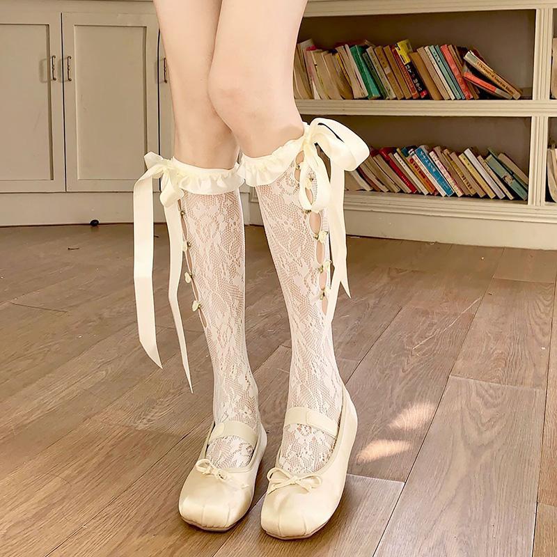 Women Elegant Loose Mesh Over the Calf Sock Aesthetic Dots Sheer Lace Middle Tube Socks