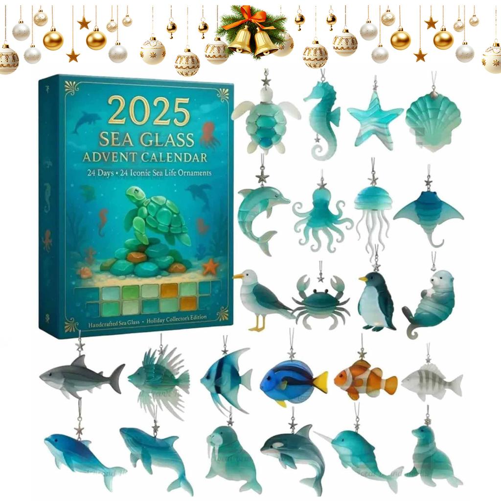 Marine Life Advent Calendar 2025 with 24 2D Flat Ocean Animals Decoration Christmas Advent Calendar for Christmas Tree Ornaments
