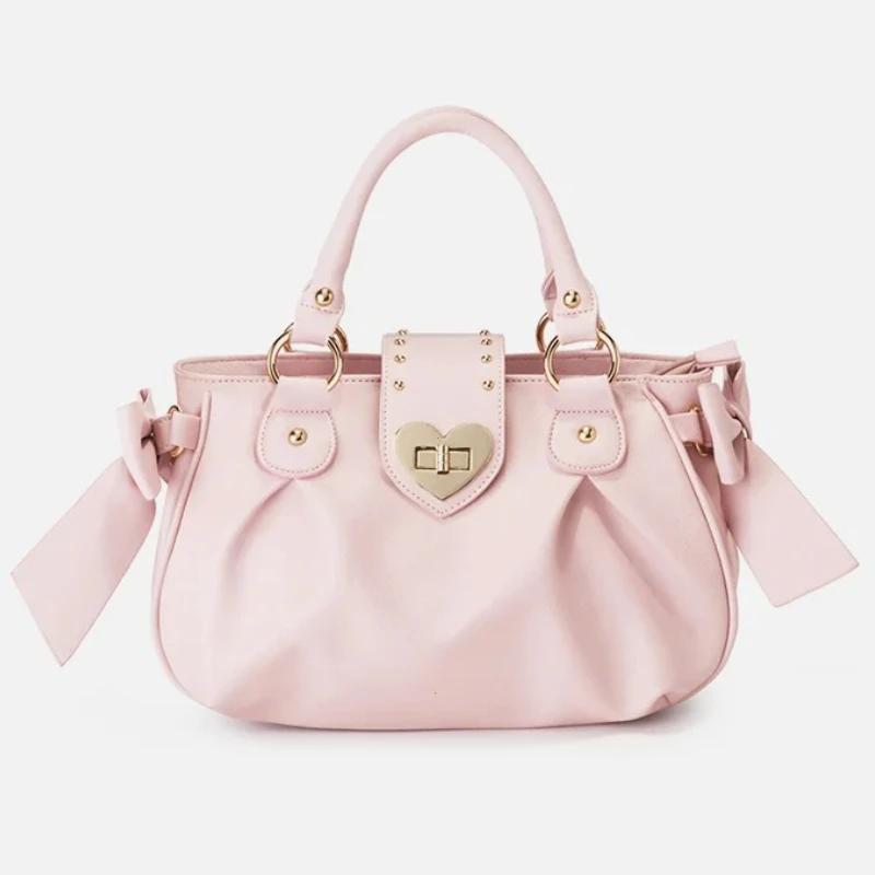 Sweet Bow Lolita Pink Women Handbag Harajuku Japanese Style Love Heart Soft Crossbody Bag Kawaii Large Capacity Shoulder Bag