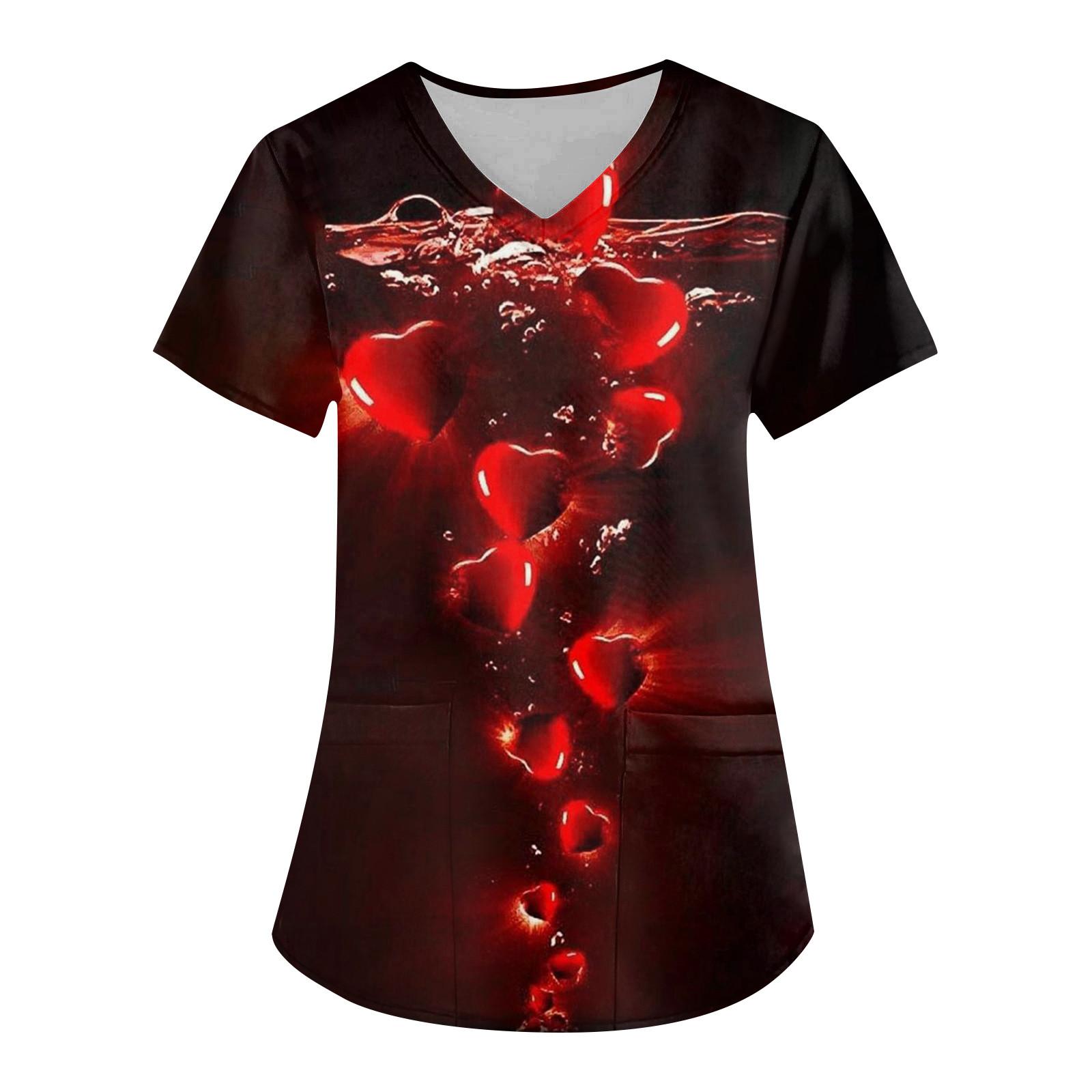 

Жіночий модний робочий одяг з V-подібним вирізом і короткими рукавами з кишенею з принтом до Дня Святого Валентина XXL винний