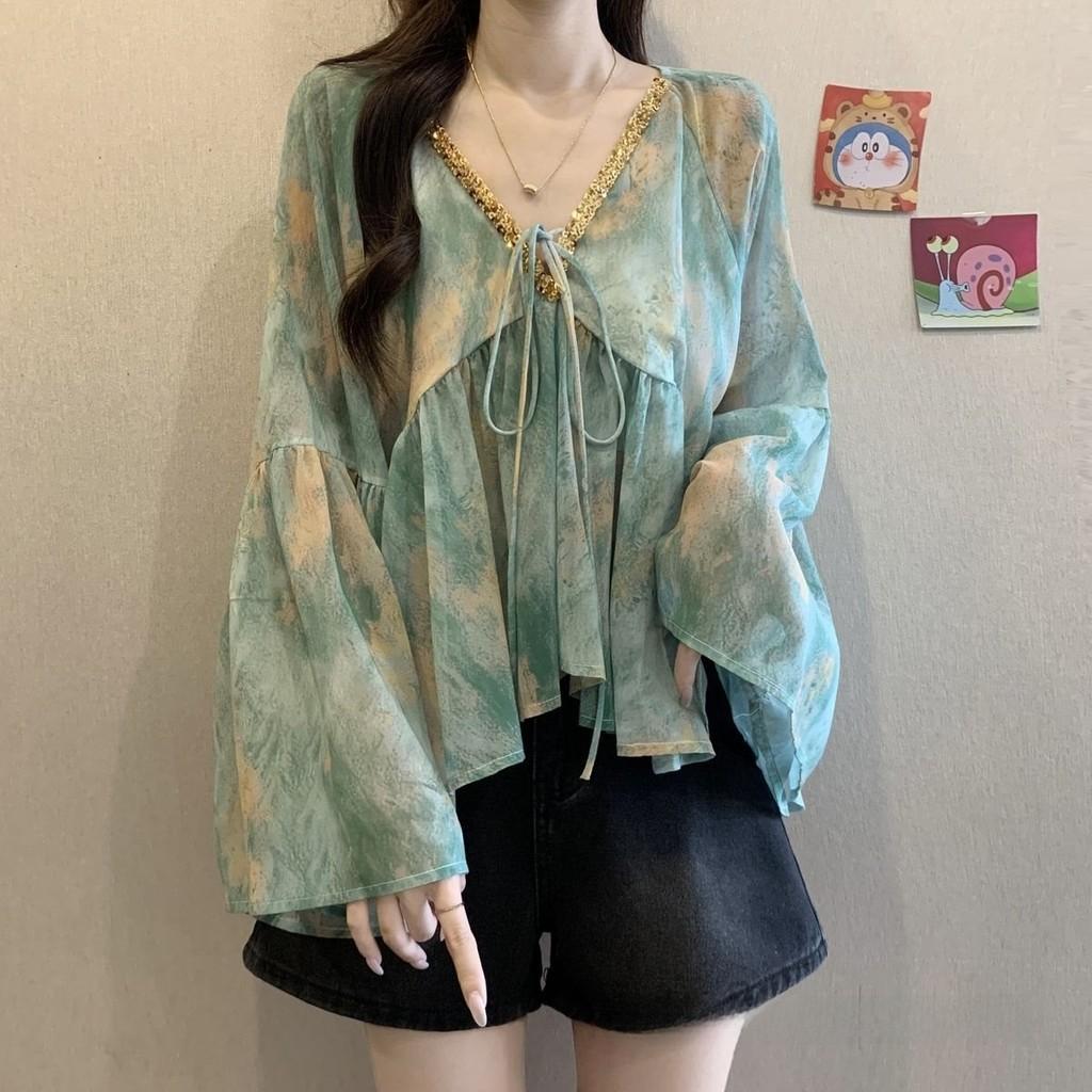 Sommer Chiffonbluse mit 3D-Druck und V-Ausschnitt für Damen