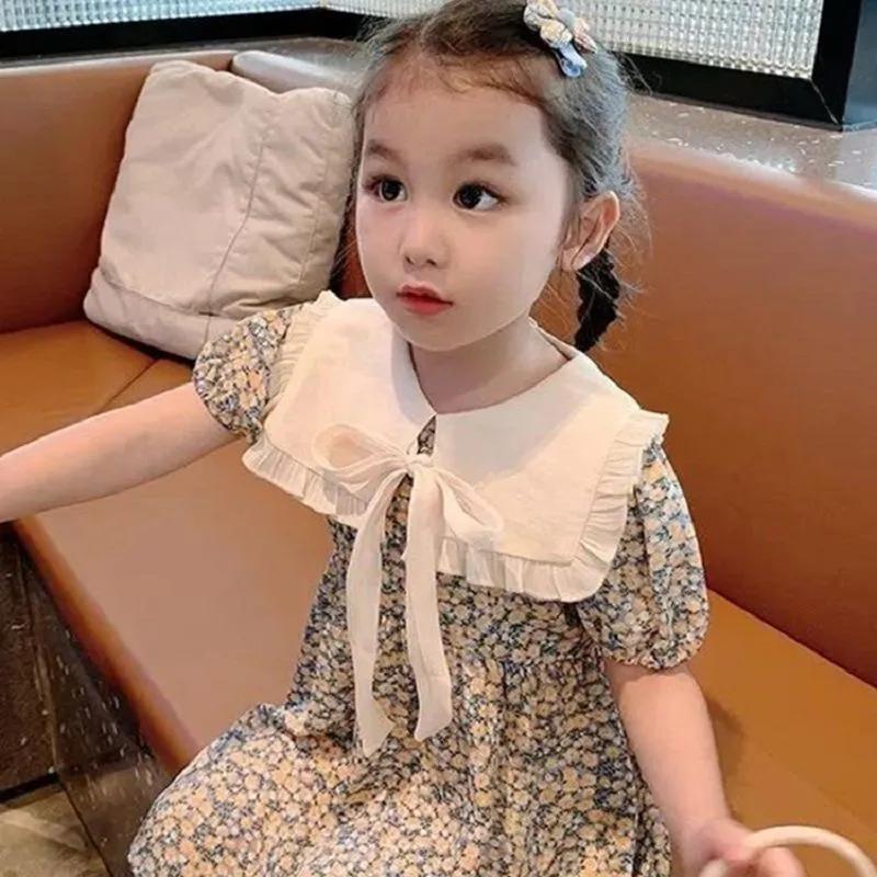 

Летние платья с короткими рукавами и цветочным принтом для девочек, милые платья принцессы с кукольным воротником для детей среднего возраста 140