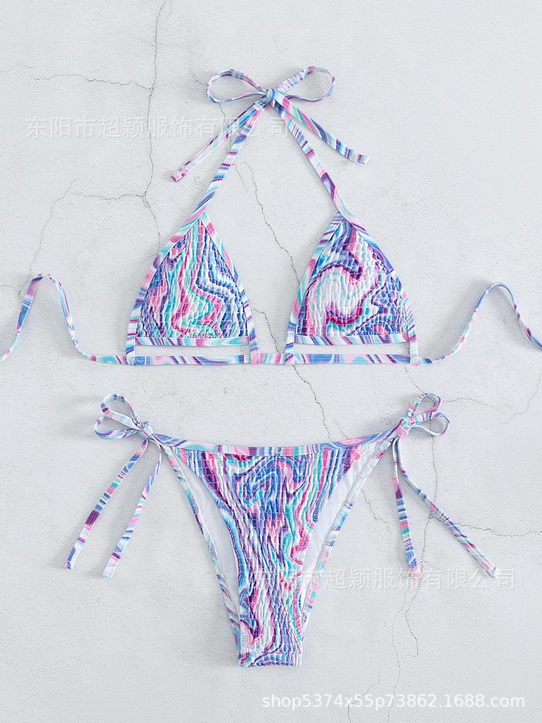 European And American Sexy Split Two-Piece Swimsuit Colored Halter Bikini Triangle Cup Random Print Woman