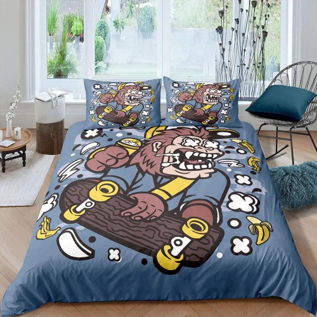 Skul Soft Duvet Cover Skateboard Human Skul featuring Skateboard Print for Children Kids Young Boys Tens Rom Decor Extreme Sport Theme Comfortable