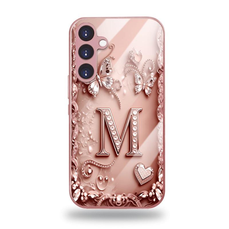 Custodia in Vetro Metallico con Pattern di Lettere a Farfalla Costellate di Diamanti per iPhone 17 16 15 14 13 12 11 Pro Max Plus 17Air 17E Cover