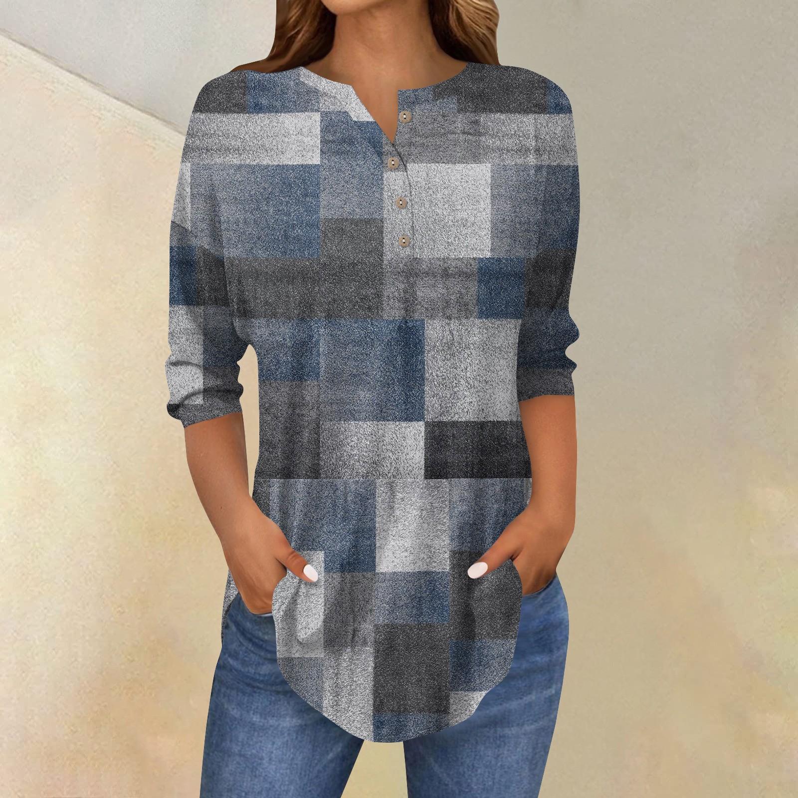 

Рубашки с рукавом 3/4 для женщин, модные, повседневные, с круглым вырезом, с принтом, футболка, топ M тёмно-синий