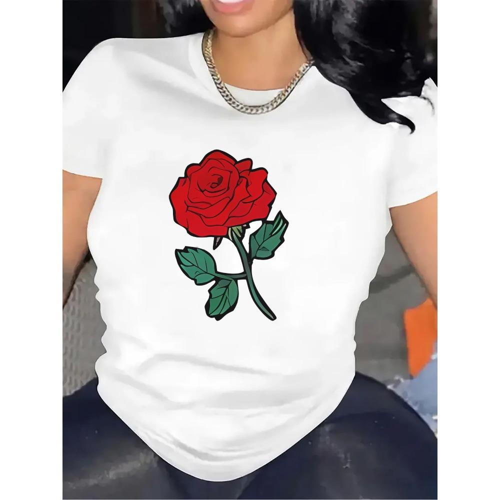 

Lightweight and Durable Short-Sleeve T-Shirt Featuring Red Rose Design Ideal for Outings in Restaurants or At Home 3XL
