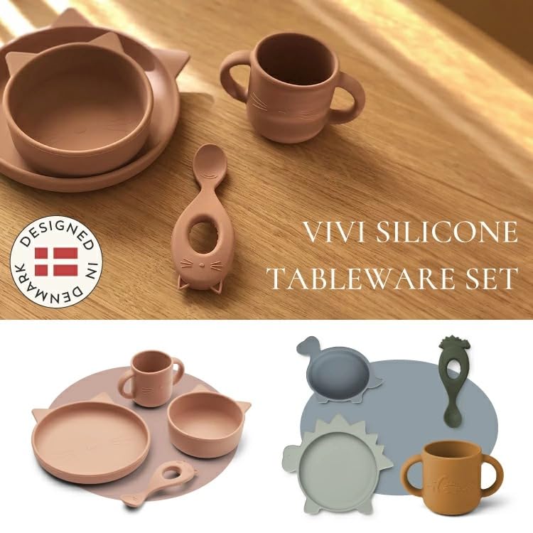 Liewood Baby Tableware Set Silicone Set Baby Plate Bowl Cup Spoon LIEWOOD Vivi Vivi Silicone Set Cat Dark Rose [LIEWOOD Official] 4-piece