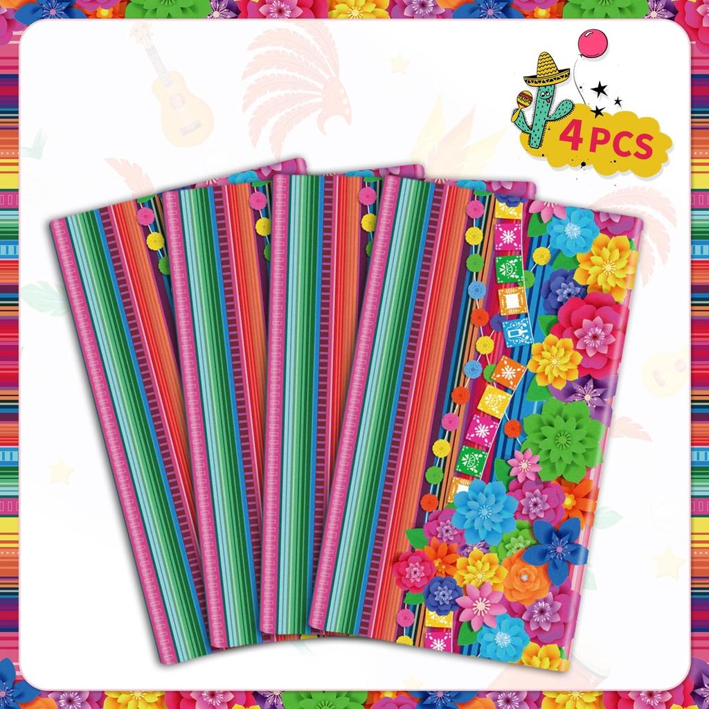 4 Pcs Mexican Fiesta Tablecloth Cinco De Mayo Plastic Table Cover Mexico Colorful Striped Paper Flower Table Cloth Mexican Holiday Theme Rectangle