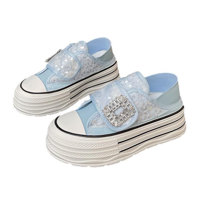2025 summer new thick-soled casual Velcro board shoes student versatile diamond buckle breathable sequin mesh women's shoes are not stuffy