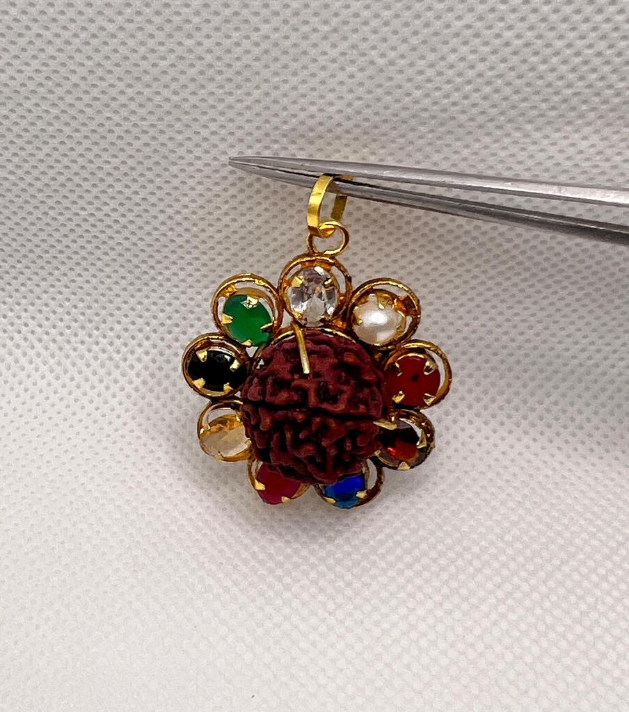 Rudraksha Navratna Locket with Nine Gemstones, Spiritual Power Necklace Pendant, Perfect for Meditation & Healing, Perfect for Everyday Wear
