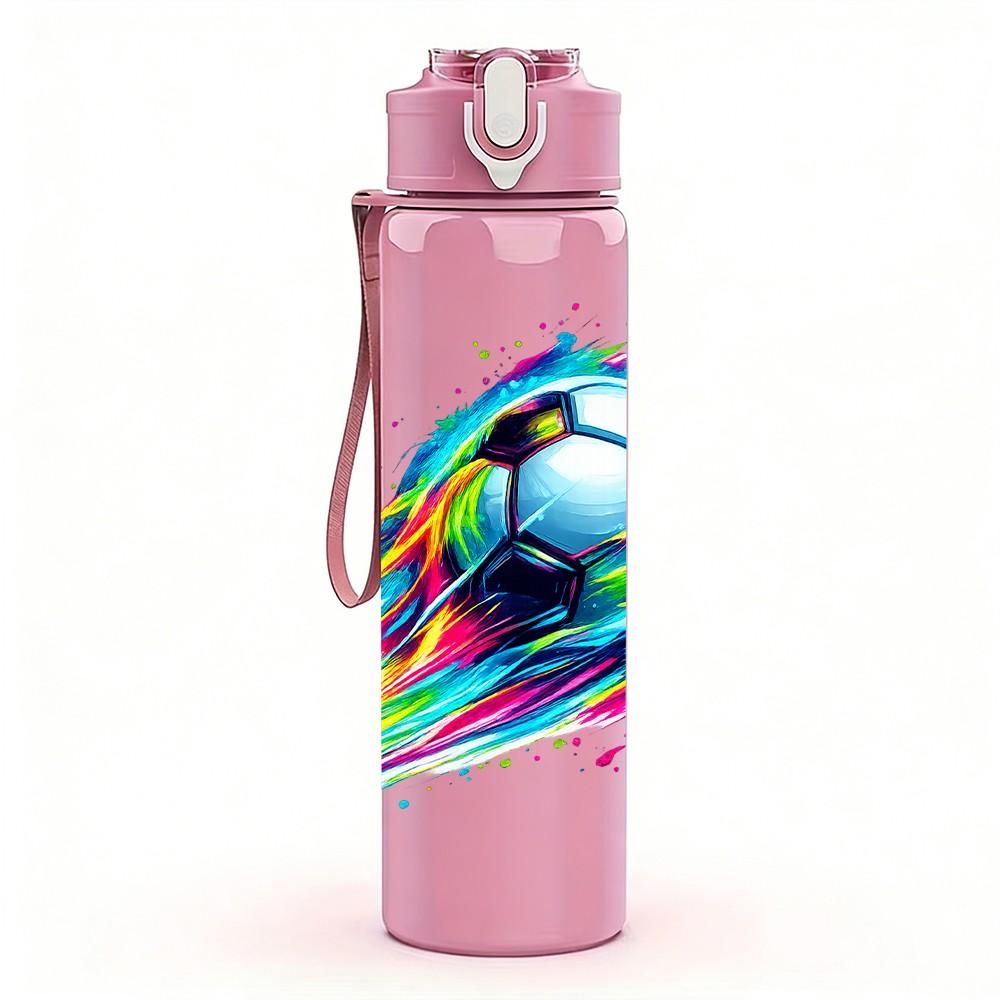 1PC Rainbow Trail Soccer Ball Print 750ml Color Plastic Sports Water Bottle Leakproof Flip Straw Lid Suitable for Sports Office Home Use