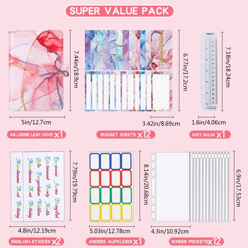 Marble A6 Budget Binder for w/ Budget Sheets Cash Envelopes Bag Colored Label Stickers for Budgeting Cash Budget Organiz