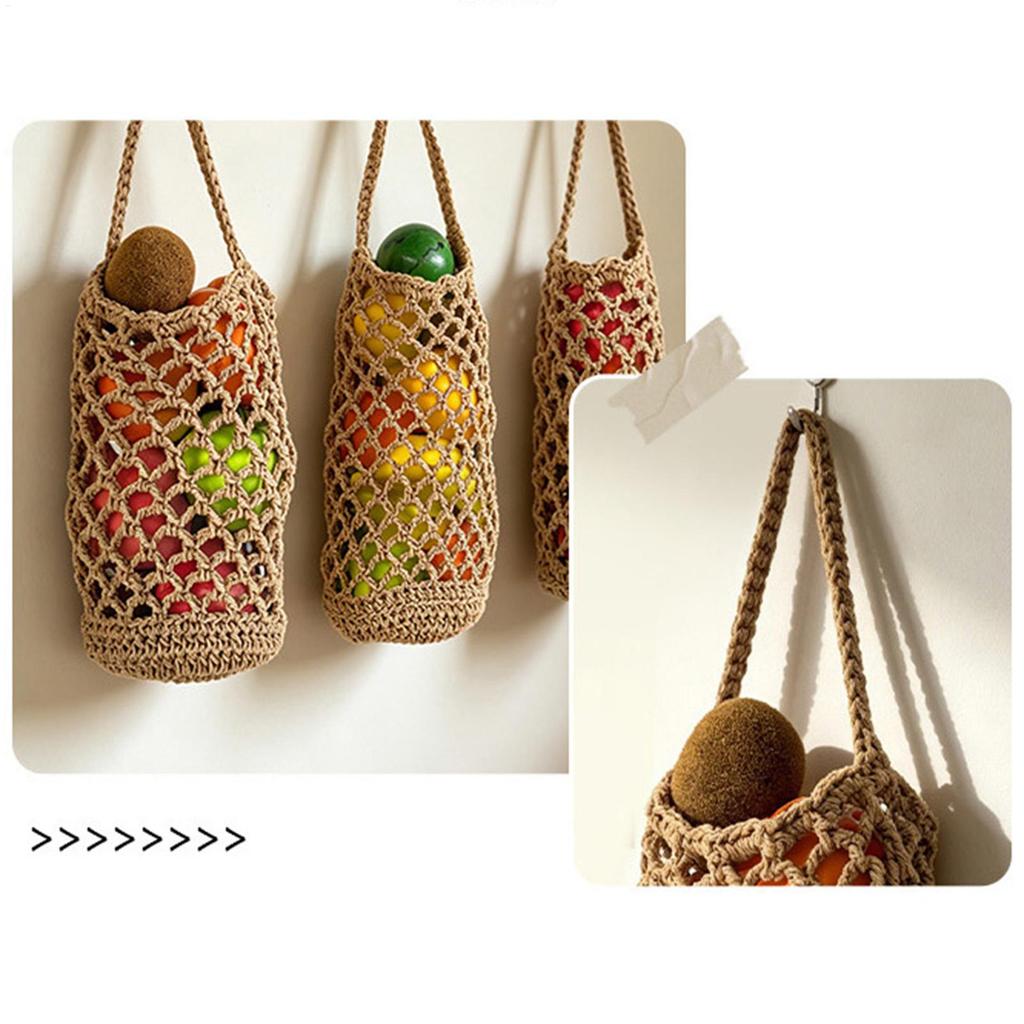 Hand Woven Boho Fruit & Vegetable Storage Bag Reusable Mesh Produce Bag Potato Onion Wall Hanging Holder for Farmhouse Kitchen