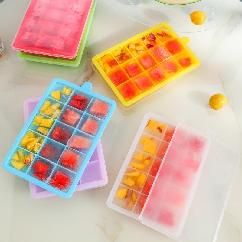 15-Grid Ice Cube Tray with Lid, Food-Grade Silicone, Includes 24-Grid Square Mold