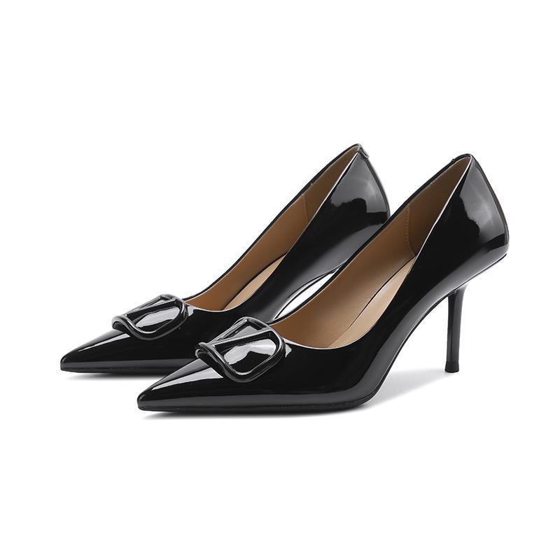 

8-Sexy shallow mouth high heels women s buckle pointed head thin heel patent leather shallow mouth spring and autumn single shoes with skirt 34 чёрный
