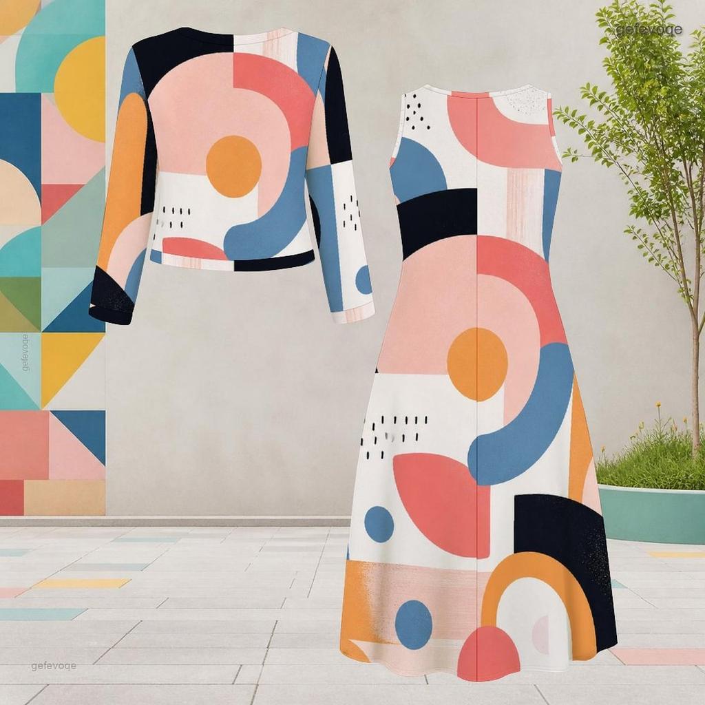 Women Plus Size Geometric Printed Polka Dot Round Neck Long Sleeve Cardigan Sleeveless Dress Two Piece Set