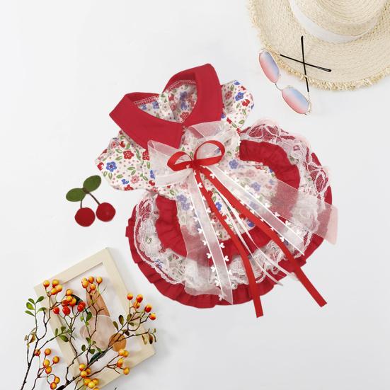 Yousheng 1 Set Cat Princess Skirt Lace Stitching Bowknot Floral Print Two-legged Pet Dog Cat Lolita Skirt with Cherry Hair Clip Pet Supplies