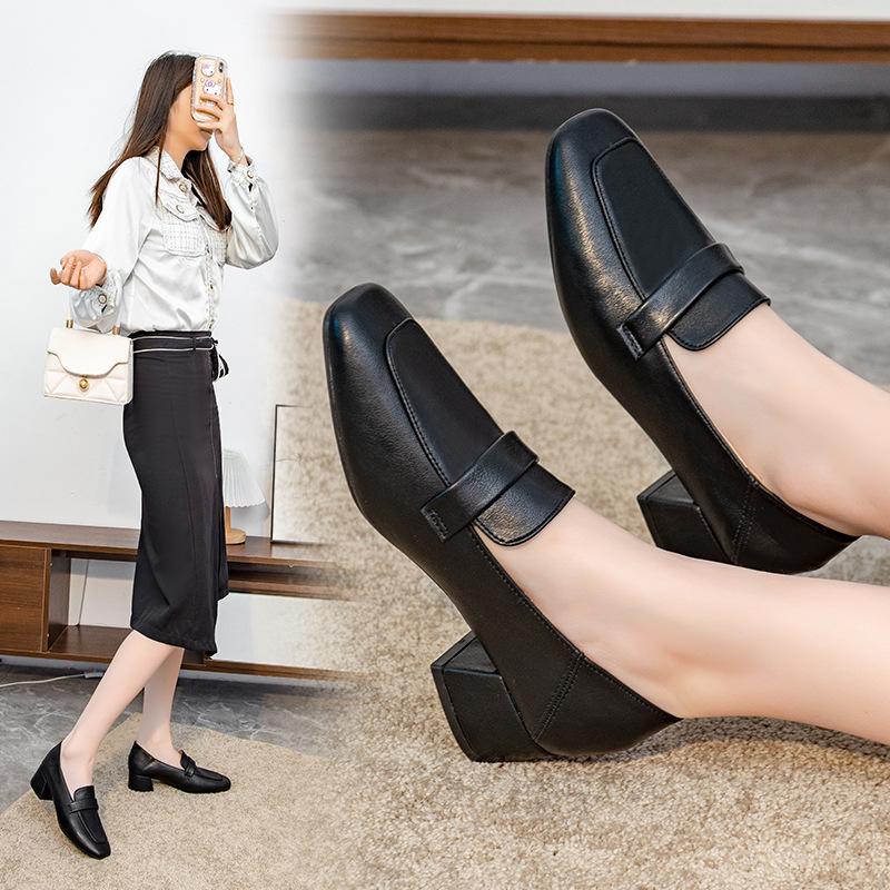 Schuhe mit quadratischer Zehenpartie, Schnallenband und mittelhohen Absätzen, Damen, Schwarz/Beige, Arbeitspumps, Frühling Herbst, Einzelne Lederschuhe für Damen, Tacones