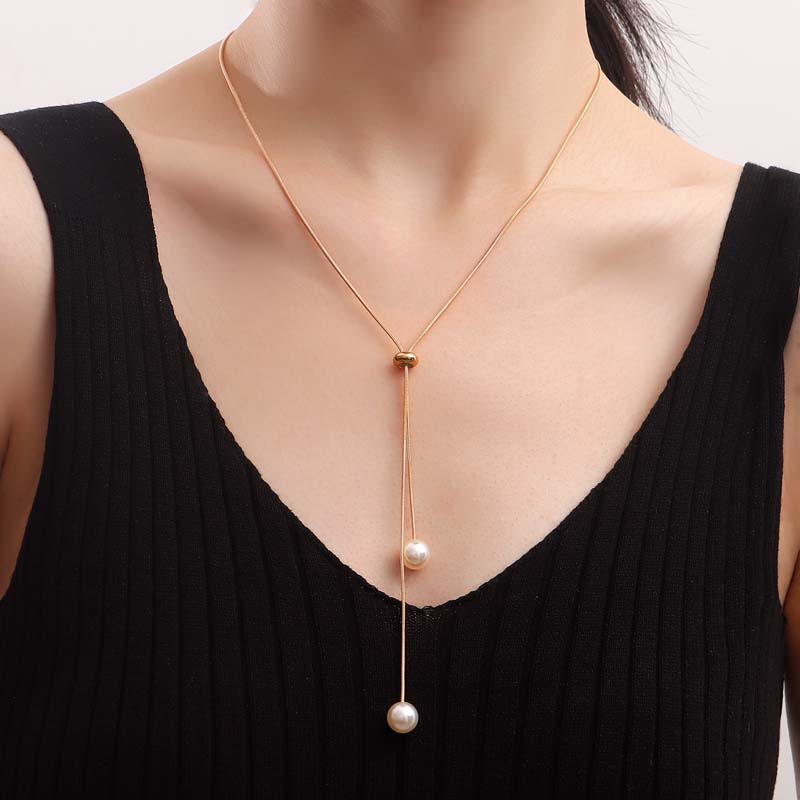 Vintage Metal Snake Chain Pearl Pendant Necklaces for Women Fashion Gold Color Long Tassel Adjustable Necklaces Party Jewelry