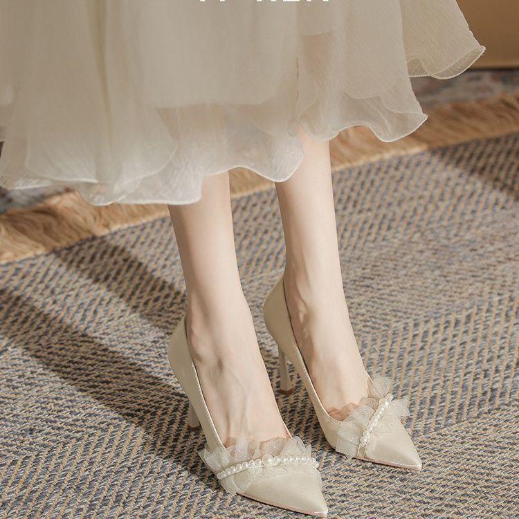 New Korean version with skirt versatile wedding high heels lady elegant beaded stiletto bridesmaid shoes