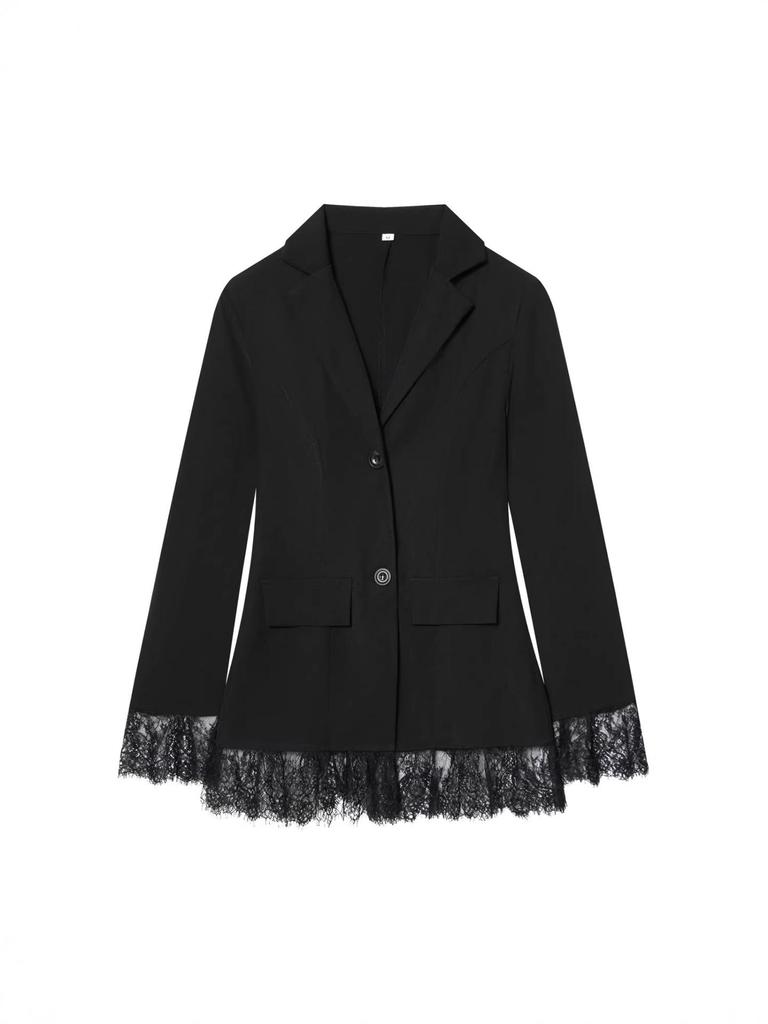 Chic European & American Women's Designer Black Lace Patchwork Slim Fit Blazer