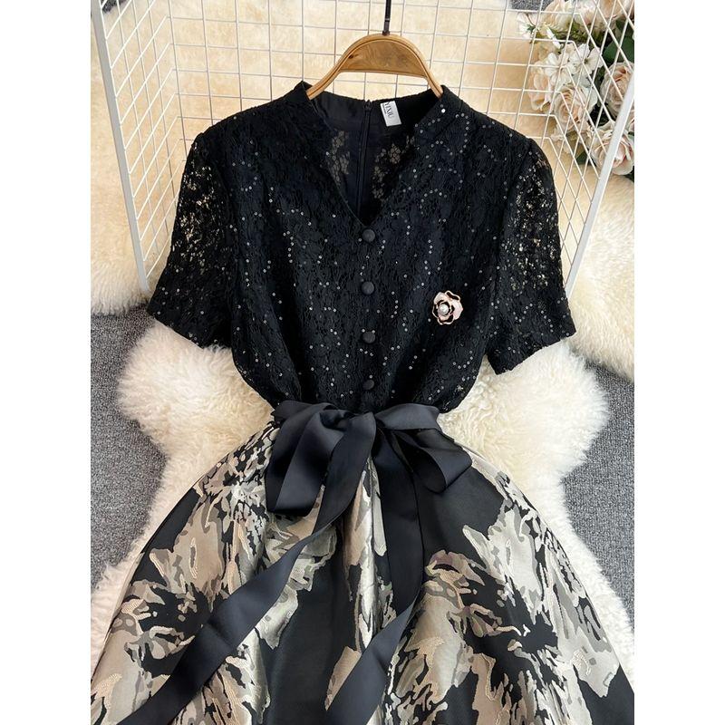 Summer French Style Lace A- line Jacquard Dress Short Sleeve