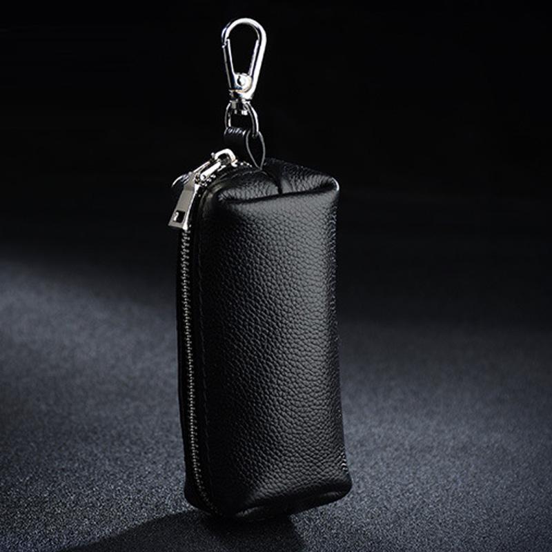 Genuine Leather Key Holder - Unisex Car/House Key Organizer Pouch with Long Keychain, Cow Split Leather Wallet Case