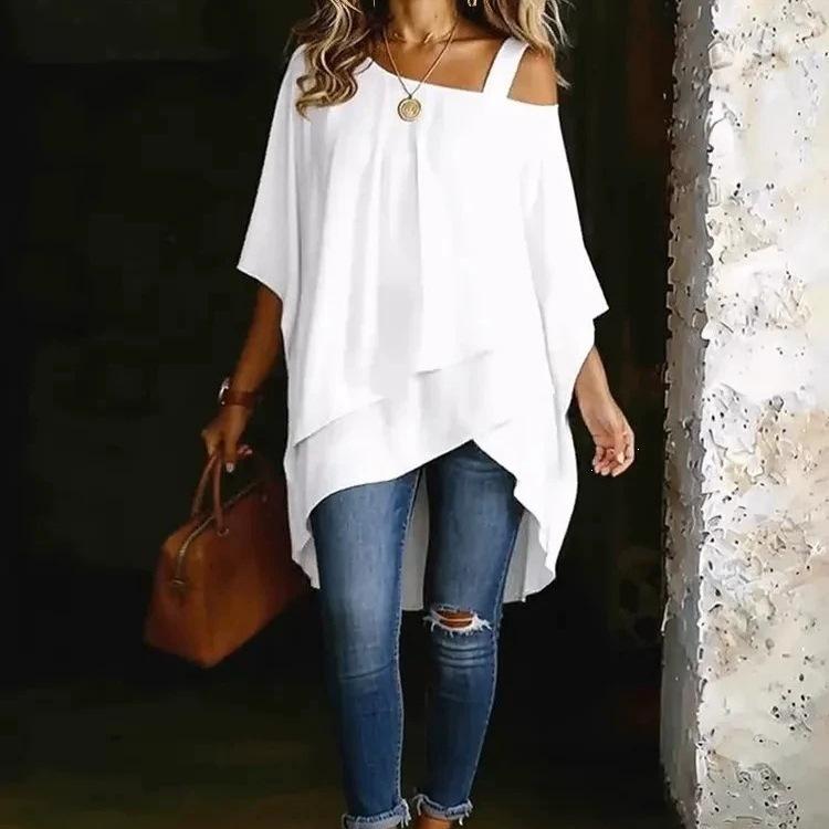 Women Asymmetric Solid Color Cold Shoulder Loose Batwing Sleeve Casual T Shirt S белый