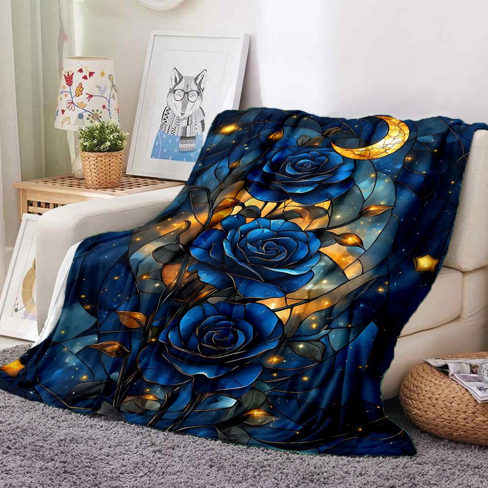 1pc Stained Glass Roses Print Blanket   Lightweight Flannel Throw Blanket For Sofa, Bed, Living Room, Office, Outdoor Travel, Camping