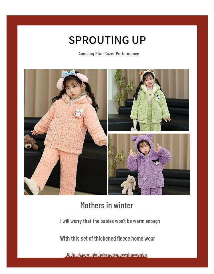 Girls' Cartoon Fleece-Lined Pajama Set - Warm Winter Wear for Babies & Kids